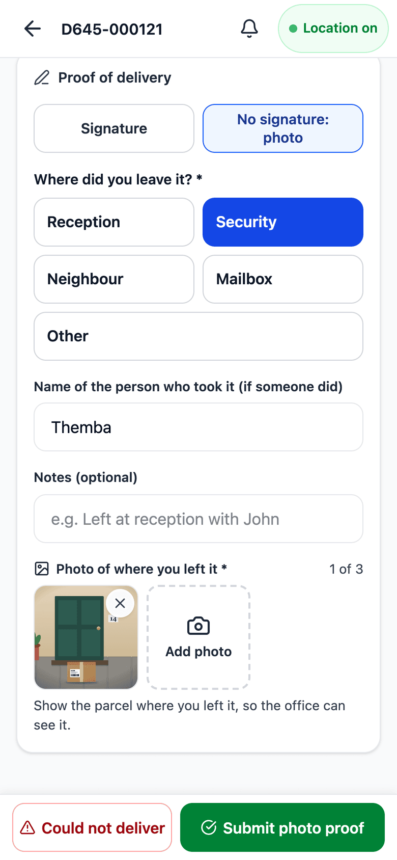 Driver app photo proof step: a photo of where the parcel was left